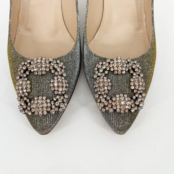 Manolo Blahnik Hangisi Glitter Silver Gold Fabric Crystal Buckle Pumps IT 37 - Picture 6 of 11